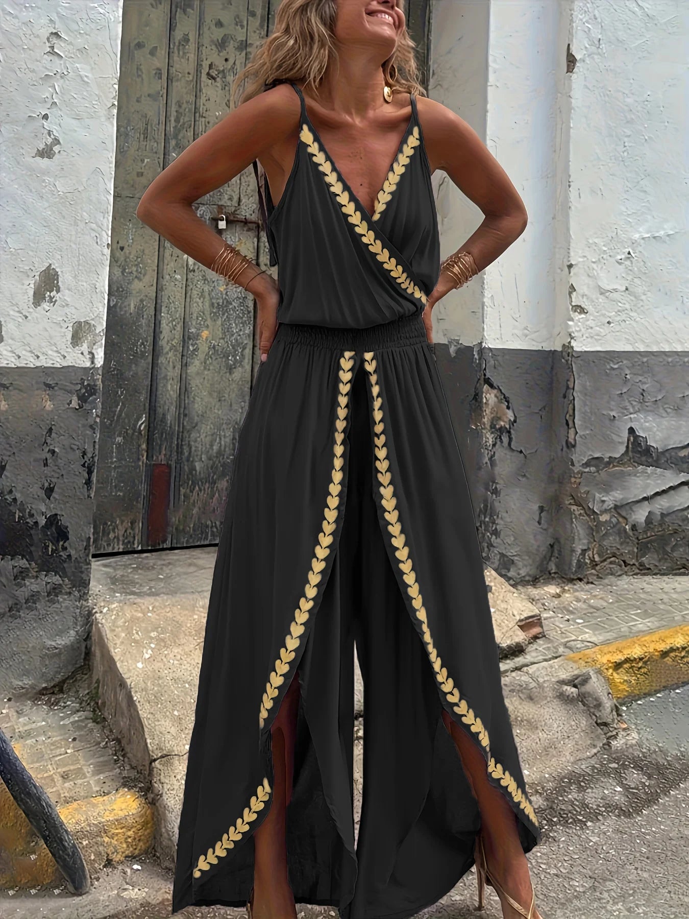 Paarse damesjumpsuit met bijgesneden omslag V-hals Hoge taille Gespleten benen Ideaal voor strandvakanties Avondwandelingen Boheemse stijlen