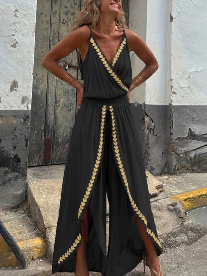 Paarse damesjumpsuit met bijgesneden omslag V-hals Hoge taille Gespleten benen Ideaal voor strandvakanties Avondwandelingen Boheemse stijlen