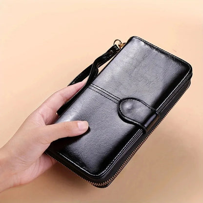 Vintage oliewas PU lederen clutch portemonnee voor dames - telefoontasje met grote capaciteit en polsbandje, eenvoudige kaarthouder buideltas