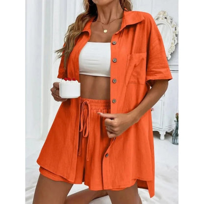 Fashion Black Short Sleeve Shirt And Shorts Two Piece Sets Women 2025 Summer Cotton Linen Casual Home 2 Piece Sets Women Outfit