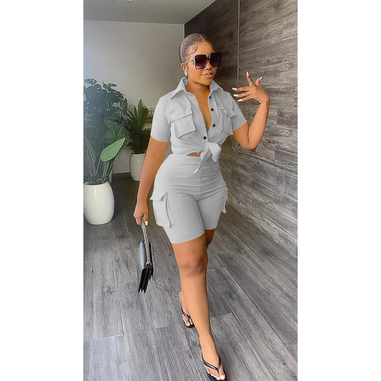 Streetwear tweedelige set voor dames zomeroutfits zakken korte mouw button-up shirt top korte sets party club bijpassende sets