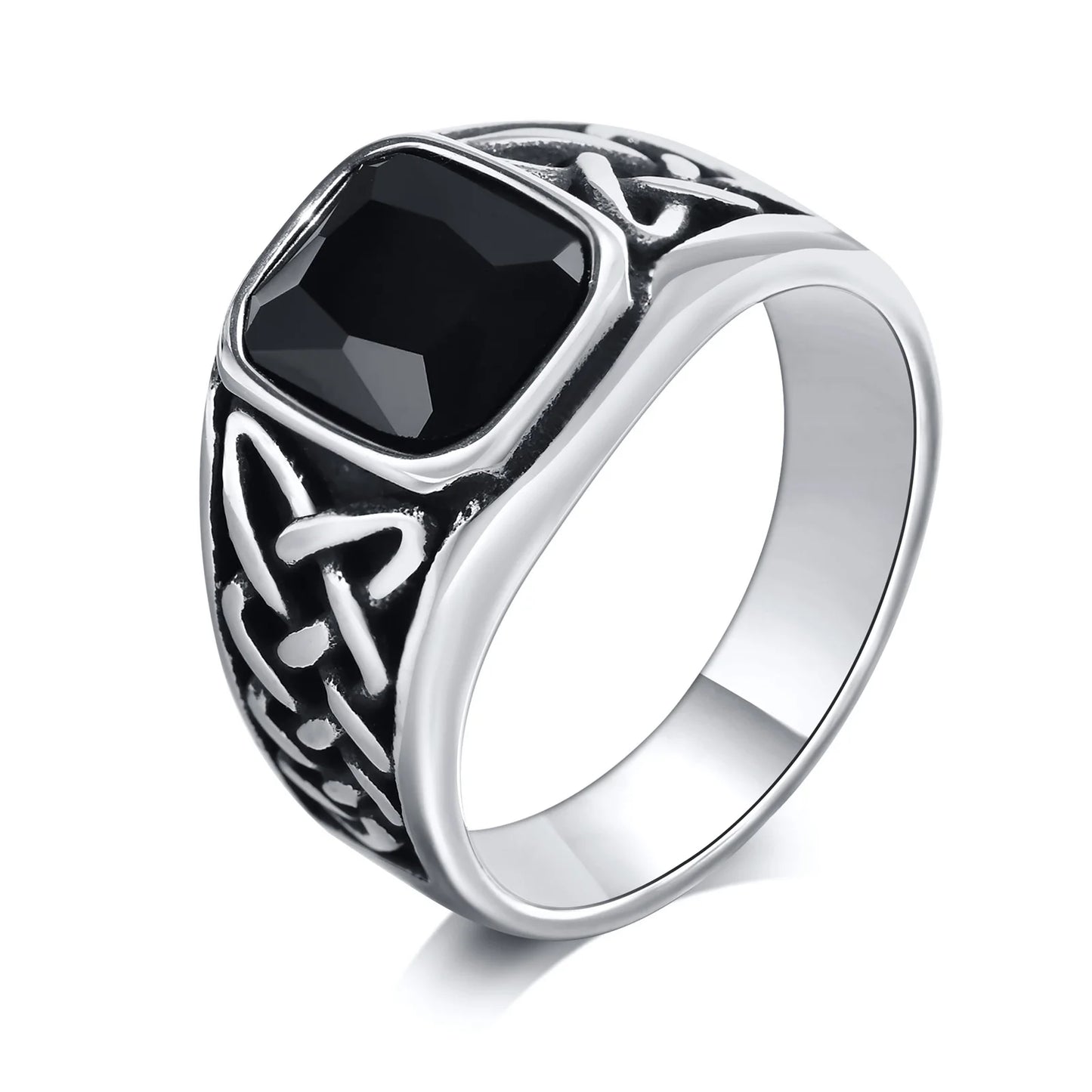 Punk Vintage Ethnic Rings for Men, Retro Viking Knot Rune Finger Band, Black Geometric Square Stone Signet Ring Jewelry