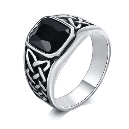 Punk Vintage Ethnic Rings for Men, Retro Viking Knot Rune Finger Band, Black Geometric Square Stone Signet Ring Jewelry