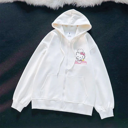 Sanrio Anime Leuke Gedrukt Hoodies Vrouwen Cartoon Hello Kitty Y2k Koreaanse Studenten Losse Sweatshirt Mode Zoete Vest Kleding