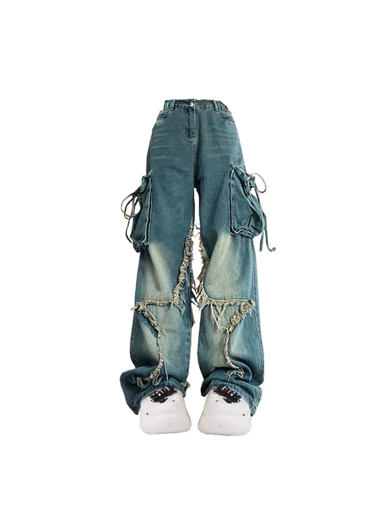 Vrouwen Blue Cargo Jeans Baggy Vintage jaren '90 Esthetische Hoge Taille Cowboy Broek Harajuku Denim Broek Y2k Trashy Jaren 2000 Kleding 2024