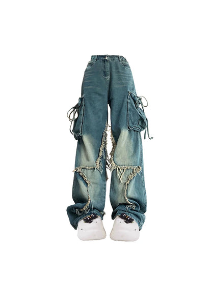 Vrouwen Blue Cargo Jeans Baggy Vintage jaren '90 Esthetische Hoge Taille Cowboy Broek Harajuku Denim Broek Y2k Trashy Jaren 2000 Kleding 2024
