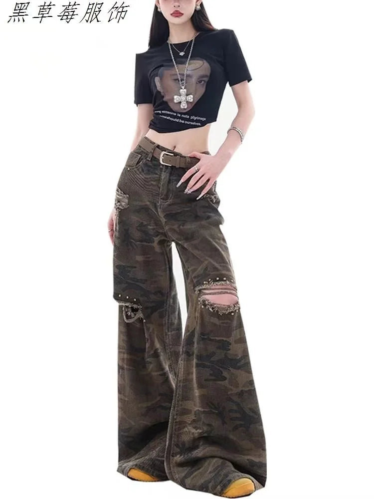 Daisy Vintage Print Gescheurde Jeans Dames Amerikaanse Zomer Nieuwe Hoge Taille Wijde Broek Hiphop Trend Y2K Baggy Rechte Broek