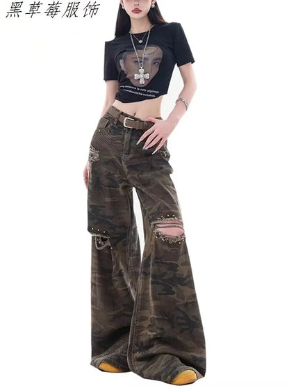 Daisy Vintage Print Gescheurde Jeans Dames Amerikaanse Zomer Nieuwe Hoge Taille Wijde Broek Hiphop Trend Y2K Baggy Rechte Broek