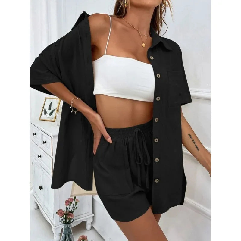 Fashion Black Short Sleeve Shirt And Shorts Two Piece Sets Women 2025 Summer Cotton Linen Casual Home 2 Piece Sets Women Outfit