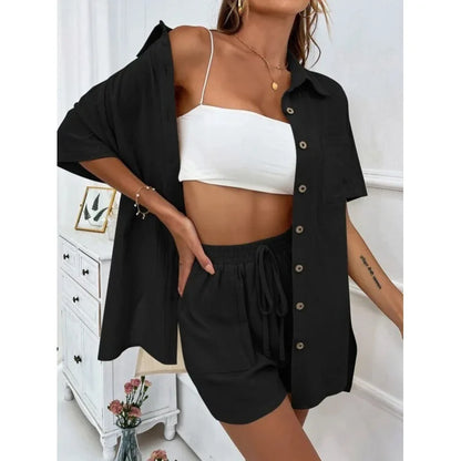 Fashion Black Short Sleeve Shirt And Shorts Two Piece Sets Women 2025 Summer Cotton Linen Casual Home 2 Piece Sets Women Outfit