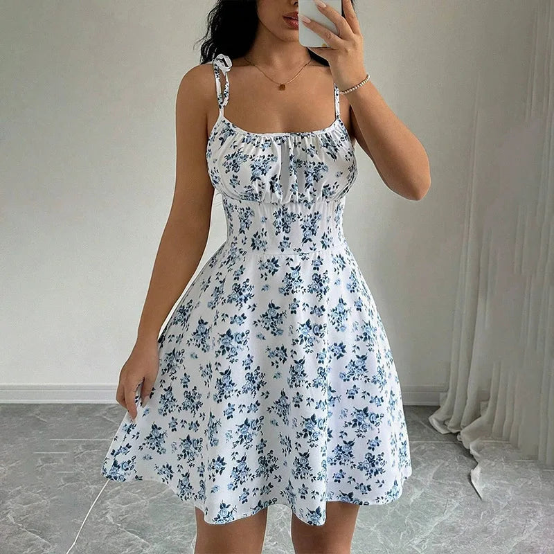 Dames zomer bloemen spaghetti strand korte jurk, damesjurken, dameskleding, dameskleding, zonnejurk, nieuw in jurk 2025