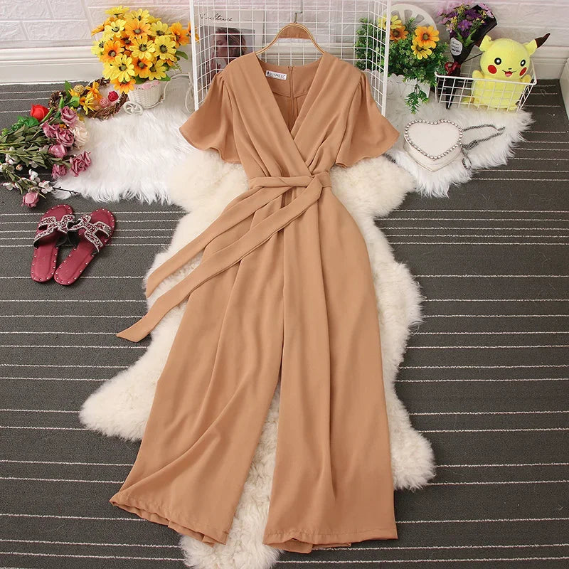 2026 New Summer Korean Chic Solid V-neck Lace-up Pocket Jumpsuits Women Elegant Wide Leg Pants Back Zip Jumpsuit
