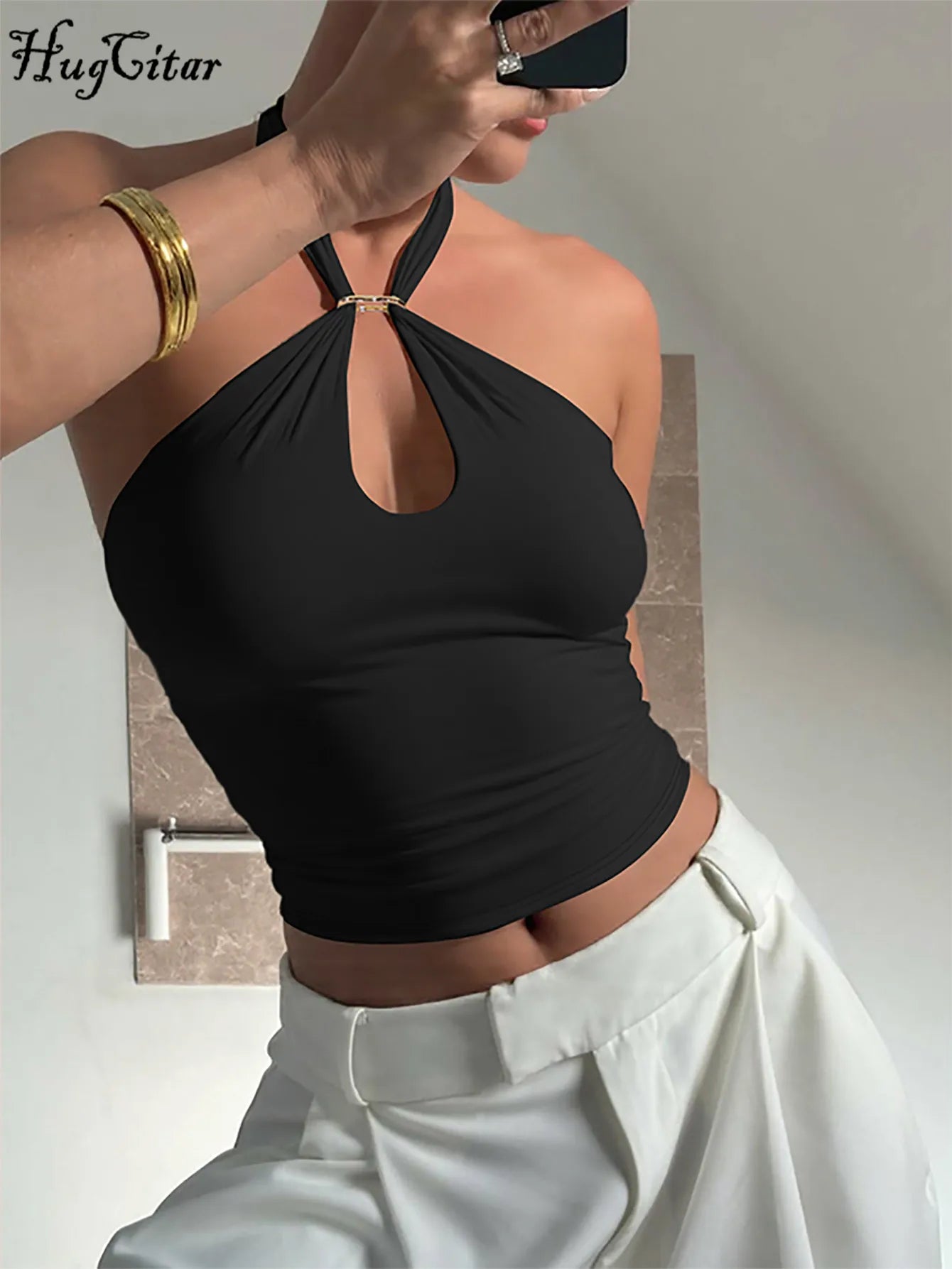 Hugcitar Vrouwen Mode Halter Solid Loop Backless Bandage Sexy Crop Tank Top 2025, Zomer Casual Kleding Streetwear Vakantie Club
