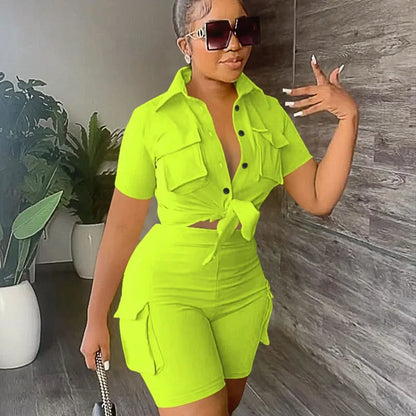 Streetwear tweedelige set voor dames zomeroutfits zakken korte mouw button-up shirt top korte sets party club bijpassende sets