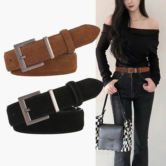 Luxury Suede Leather Belt Ladies Casual With Jeans Square Gold Buckle Belt Women's Fashion Black Brown Cowhide Wide Belt