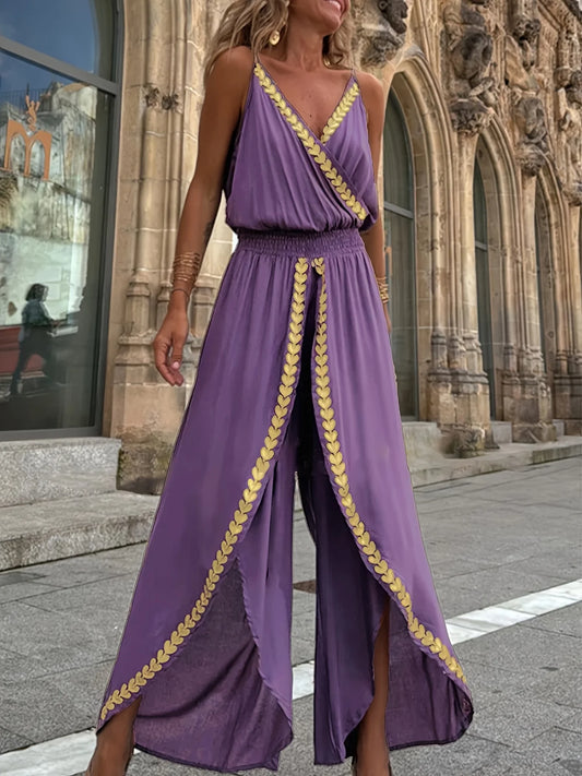 Paarse damesjumpsuit met bijgesneden omslag V-hals Hoge taille Gespleten benen Ideaal voor strandvakanties Avondwandelingen Boheemse stijlen
