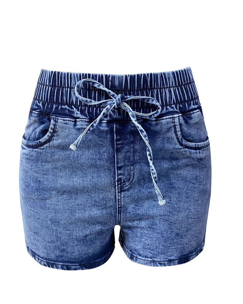 DongCMY Luxury fashion slim spring/summer new slim denim shorts women's high waist elastic waist lace-up hot pants
