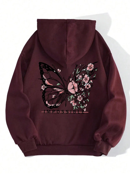 Rose Butterfly Impossible Letter Grafische Print Dames Sweatshirt Mode Warme Capuchon Losse Casual Hoodies Fleece Zachte Kleding