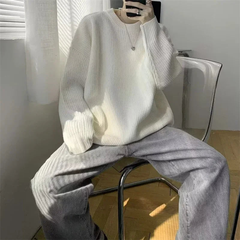 2025 Autumn Crew Neck Solid Color Pullover Sweaters For Men Casual Y2K Knitted Sweater High Street Fashion Jumpers Hombre