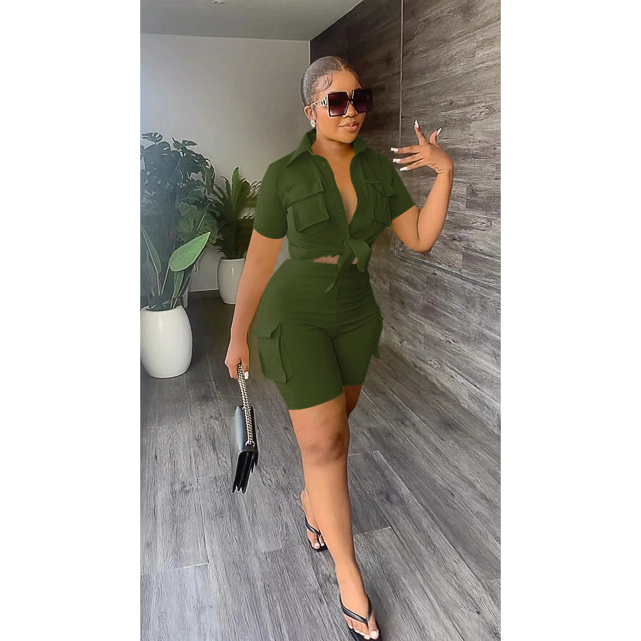 Streetwear tweedelige set voor dames zomeroutfits zakken korte mouw button-up shirt top korte sets party club bijpassende sets