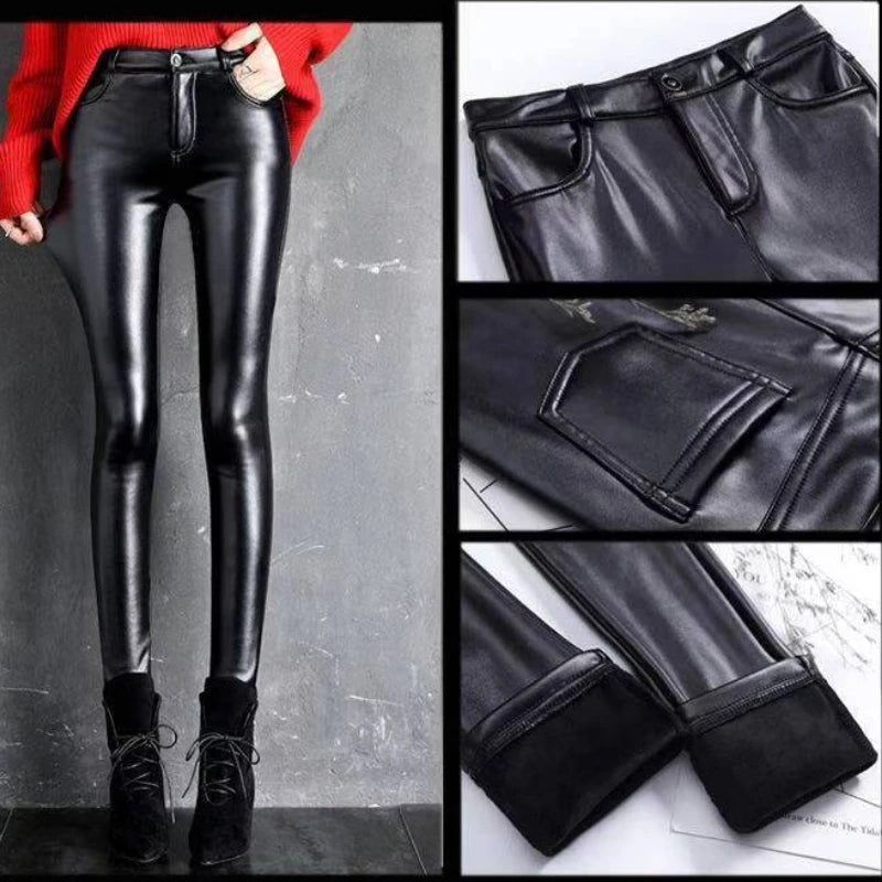 Kasjmier PU-leren broek Dames Herfst/Winter 2024 Verdikt en fleece Hoge taille Slim Fit Strakke warme broek Legging Zwart