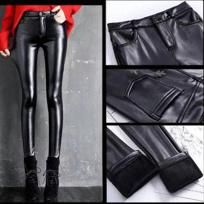 Kasjmier PU-leren broek Dames Herfst/Winter 2024 Verdikt en fleece Hoge taille Slim Fit Strakke warme broek Legging Zwart
