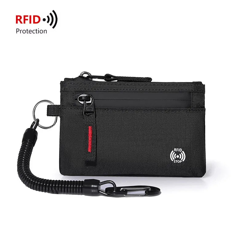 Rfid Credit Card Holder Men Wallets Luxury Nylon Slim Wallet Zipper Key Card Case Male Tactical Purse Coin Purse With Carabiner
