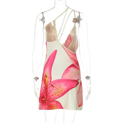 Een schouder bloemenprint strandvakantie Y2K mini-jurk outfits dames zomer backless mouwloze bodycon korte jurken vestido