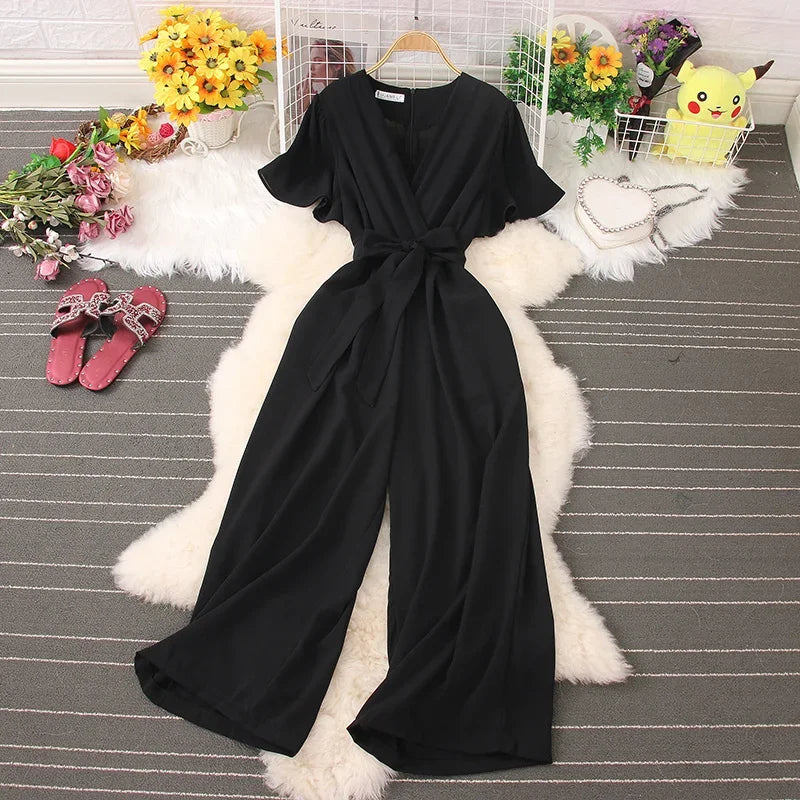 2026 New Summer Korean Chic Solid V-neck Lace-up Pocket Jumpsuits Women Elegant Wide Leg Pants Back Zip Jumpsuit