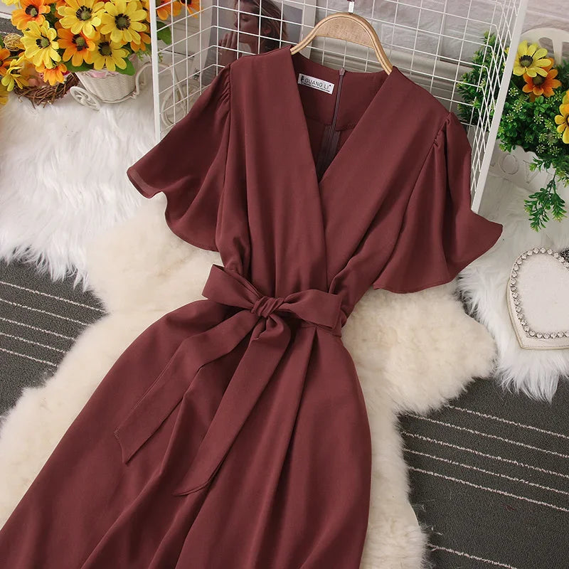 2026 New Summer Korean Chic Solid V-neck Lace-up Pocket Jumpsuits Women Elegant Wide Leg Pants Back Zip Jumpsuit
