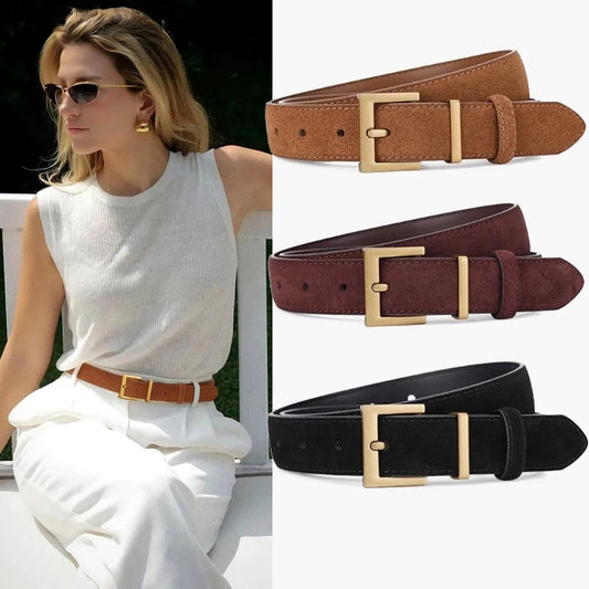 Luxury Suede Leather Belt Ladies Casual With Jeans Square Gold Buckle Belt Women's Fashion Black Brown Cowhide Wide Belt