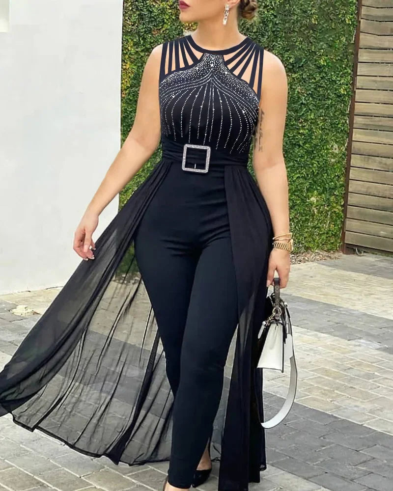 2025 zomer vrouwen sexy ronde hals strass pure mesh mouwloze jumpsuit met riem nieuwe mode rompertjes dames jumpsuit