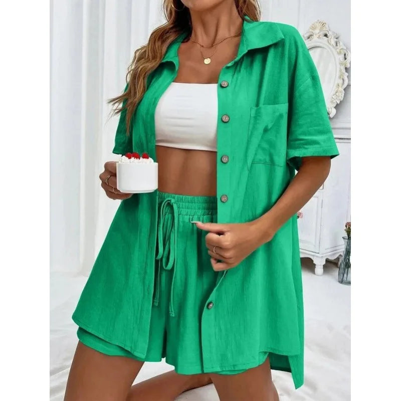 Fashion Black Short Sleeve Shirt And Shorts Two Piece Sets Women 2025 Summer Cotton Linen Casual Home 2 Piece Sets Women Outfit