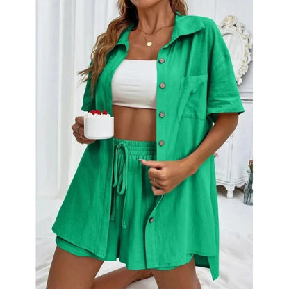 Fashion Black Short Sleeve Shirt And Shorts Two Piece Sets Women 2025 Summer Cotton Linen Casual Home 2 Piece Sets Women Outfit