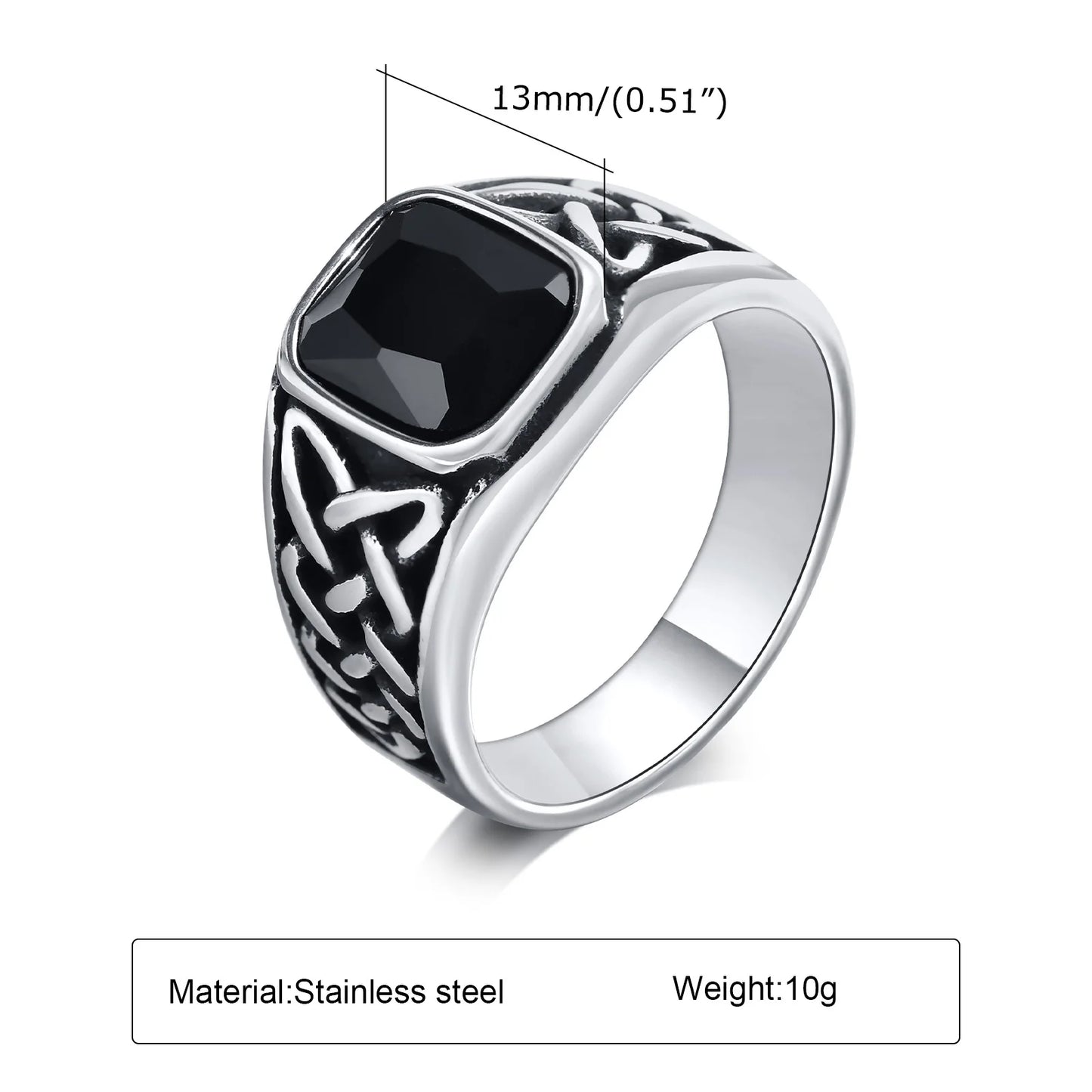 Punk Vintage Ethnic Rings for Men, Retro Viking Knot Rune Finger Band, Black Geometric Square Stone Signet Ring Jewelry