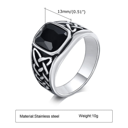 Punk Vintage Ethnic Rings for Men, Retro Viking Knot Rune Finger Band, Black Geometric Square Stone Signet Ring Jewelry