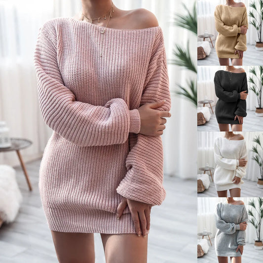 Herfst en winter damesjurken Kraag met één woord Louj Casual losse gebreide trui Jurk Korte jurken Casual jurk voor dames