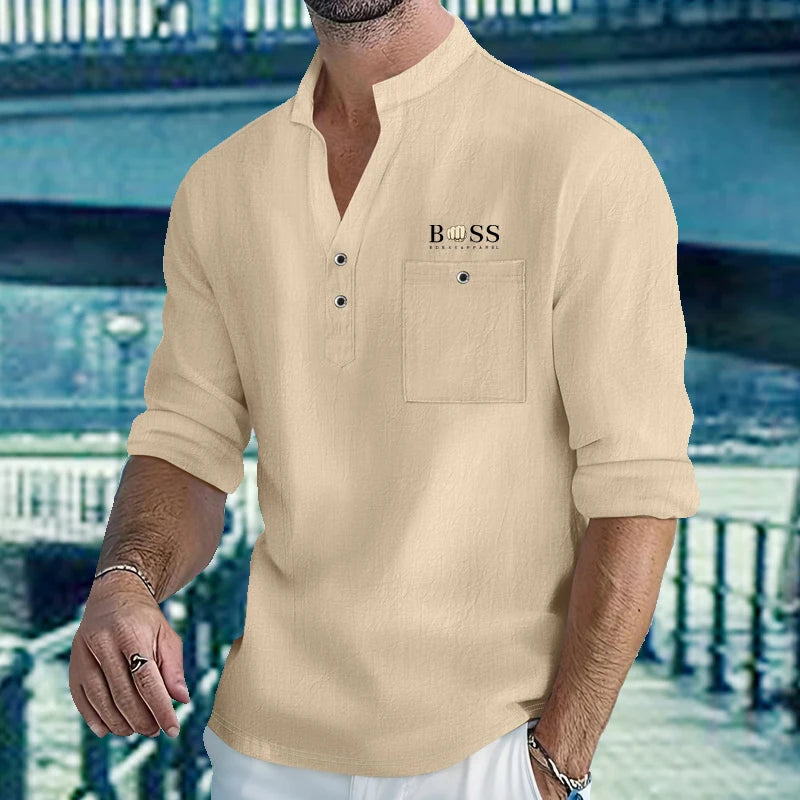 Men's Lightweight Shirts Long Sleeve Henley Cotton Linen Shirts for Male Beach Hawaiian V-neck Top Breathable Polo Shirts top