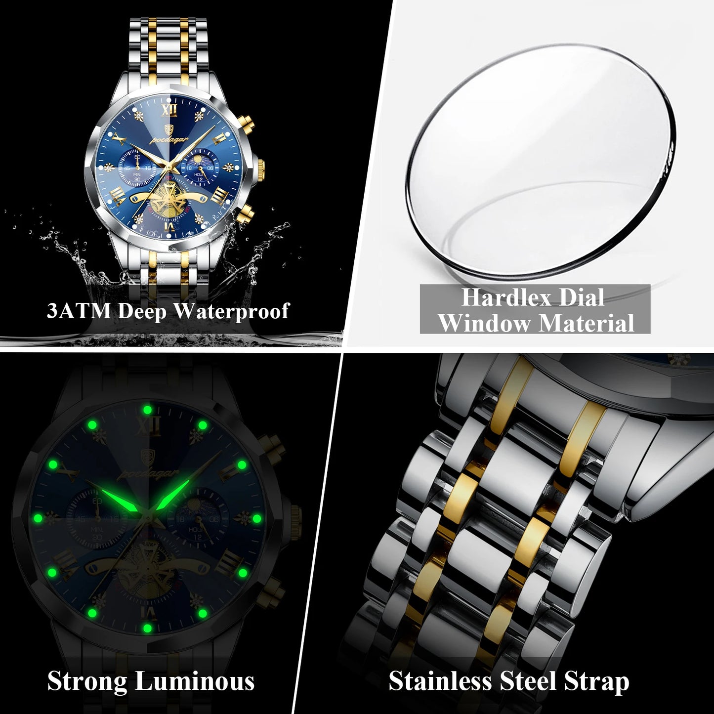 Reloj POEDAGAR de lujo para hombre, Reloj de pulsera Original resistente al agua con cronógrafo luminoso para hombre, relojes de cuarzo de acero inoxidable para hombre