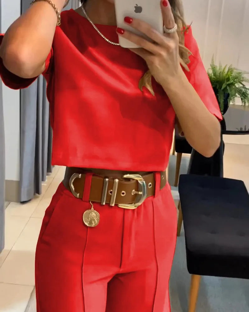 Zomer Nieuwe Temperament Commuter Effen Kleur Korte Mouwen Pak Broek Mode Casual Pak Dames Tweedelige Set Nieuw in Bijpassende