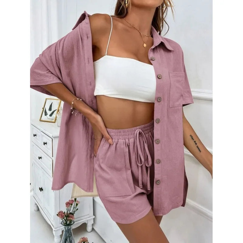 Fashion Black Short Sleeve Shirt And Shorts Two Piece Sets Women 2025 Summer Cotton Linen Casual Home 2 Piece Sets Women Outfit