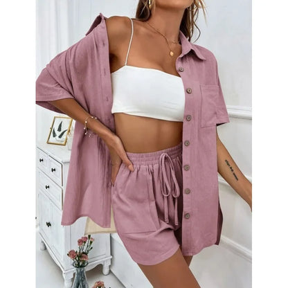 Fashion Black Short Sleeve Shirt And Shorts Two Piece Sets Women 2025 Summer Cotton Linen Casual Home 2 Piece Sets Women Outfit