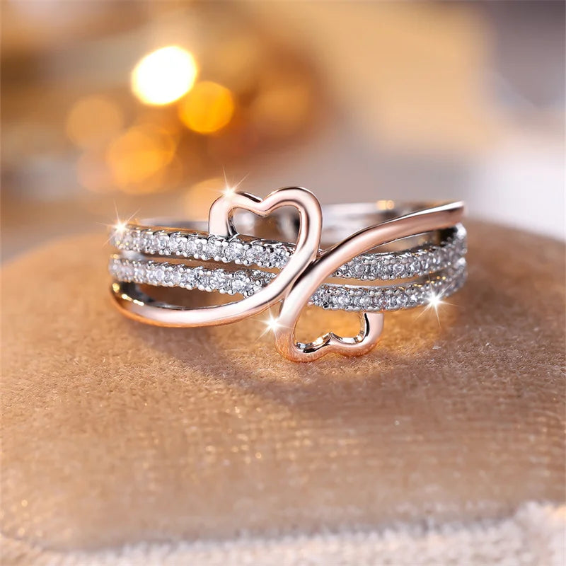Two Tone Rose Gold Silver Color Double Heart Rings For Women White Zircon Ins Infinity Wedding Bands Bridal Engagement Jewelry