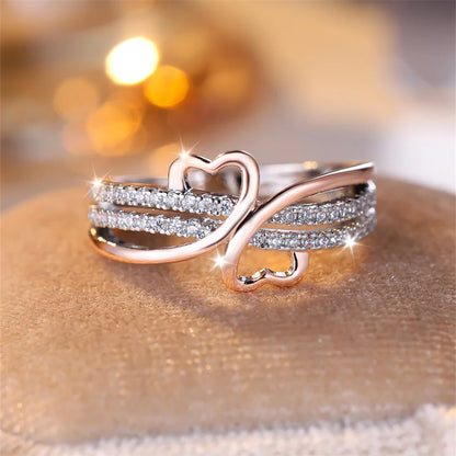 Two Tone Rose Gold Silver Color Double Heart Rings For Women White Zircon Ins Infinity Wedding Bands Bridal Engagement Jewelry