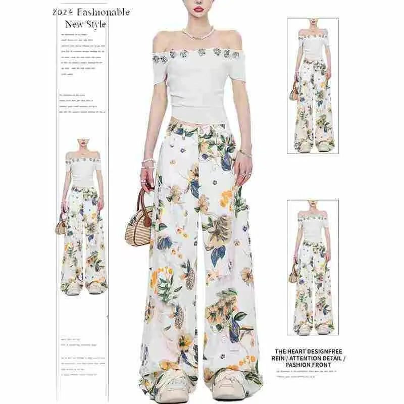 Daisy Vintage Print Gescheurde Jeans Dames Amerikaanse Zomer Nieuwe Hoge Taille Wijde Broek Hiphop Trend Y2K Baggy Rechte Broek