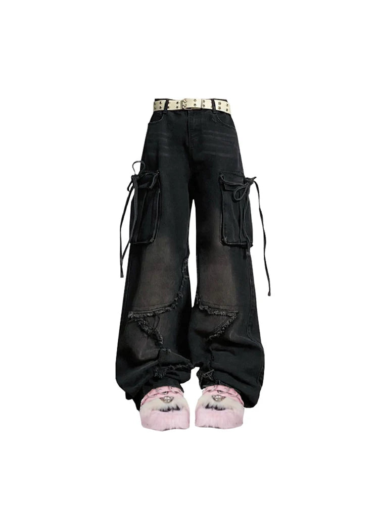 Vrouwen Blue Cargo Jeans Baggy Vintage jaren '90 Esthetische Hoge Taille Cowboy Broek Harajuku Denim Broek Y2k Trashy Jaren 2000 Kleding 2024