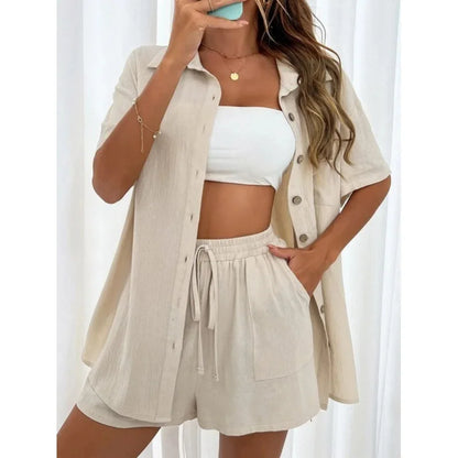 Fashion Black Short Sleeve Shirt And Shorts Two Piece Sets Women 2025 Summer Cotton Linen Casual Home 2 Piece Sets Women Outfit