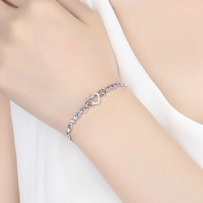 Nieuwe 925 sterling zilveren armband paars kristal zirkoon hart voor vrouw bedelarmband sieraden cadeau