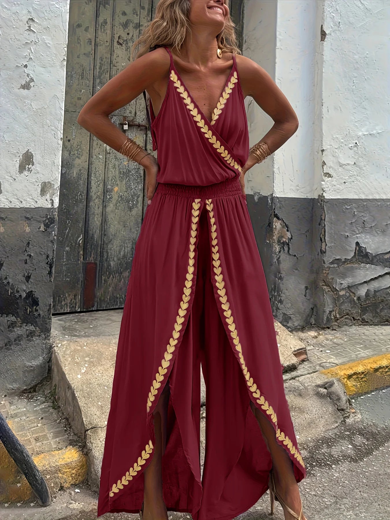 Paarse damesjumpsuit met bijgesneden omslag V-hals Hoge taille Gespleten benen Ideaal voor strandvakanties Avondwandelingen Boheemse stijlen