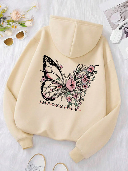 Rose Butterfly Impossible Letter Grafische Print Dames Sweatshirt Mode Warme Capuchon Losse Casual Hoodies Fleece Zachte Kleding